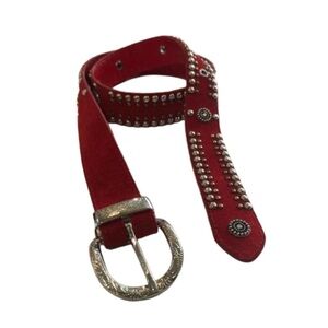 Jana Size S studded red leather western style belt. Silver tone brass studs